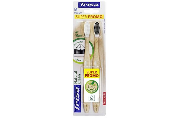 Trisa Natural Clean brosse à dents en bois medium DUO 2 pce