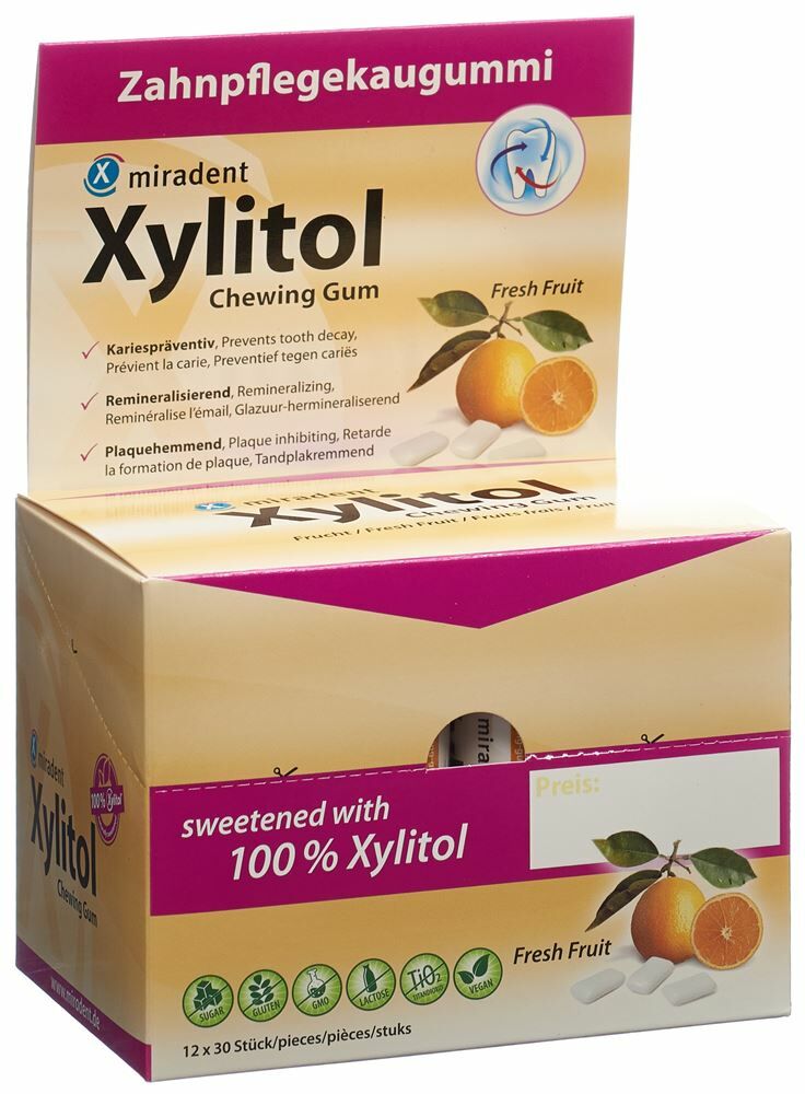Miradent Xylitol Chewing Gum fruit 12 x 30 pce à petit prix