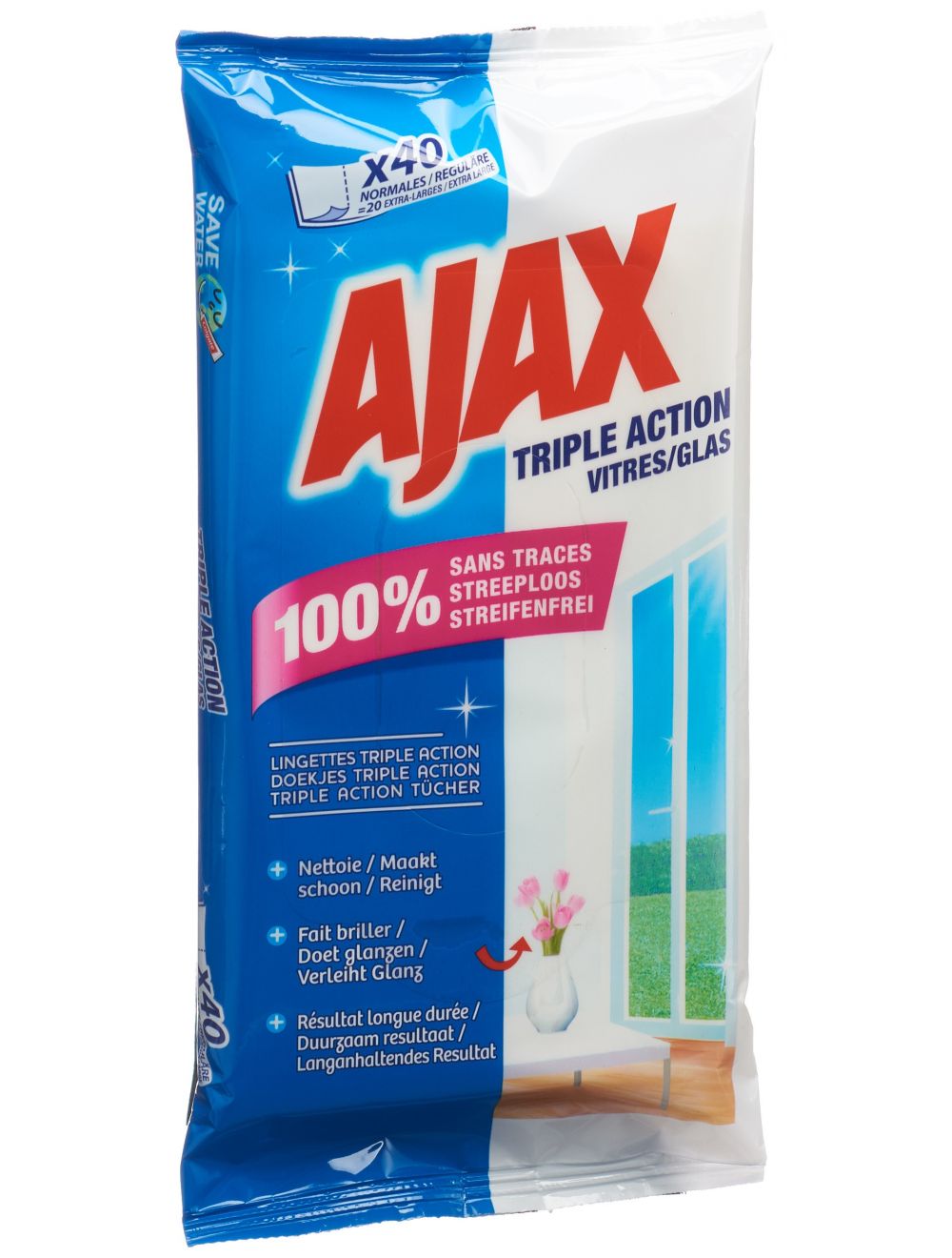 Ajax Vitres Triple Action Lingettes 40 Pce Pas Cher